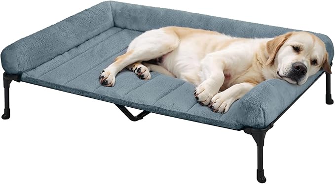 Veehoo Cooling Elevated Dog Bed with Fluffy Plush Bolster Cushion, Indoor Raised Dog Beds for Large Dogs, Soft Pet Sofa Cot with Removable Washable Mat, No-Slip Feet, 49 x 33 inches, Haze Blue