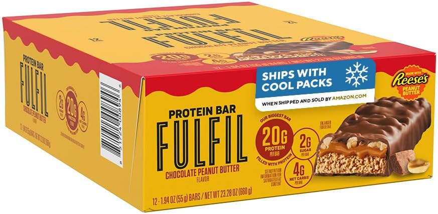 FULFIL Chocolate Peanut Butter Flavored Protein Bar Made with REESE's Peanut Butter, Gluten Free with 15g Protein, Pantry Staples, 12 Count