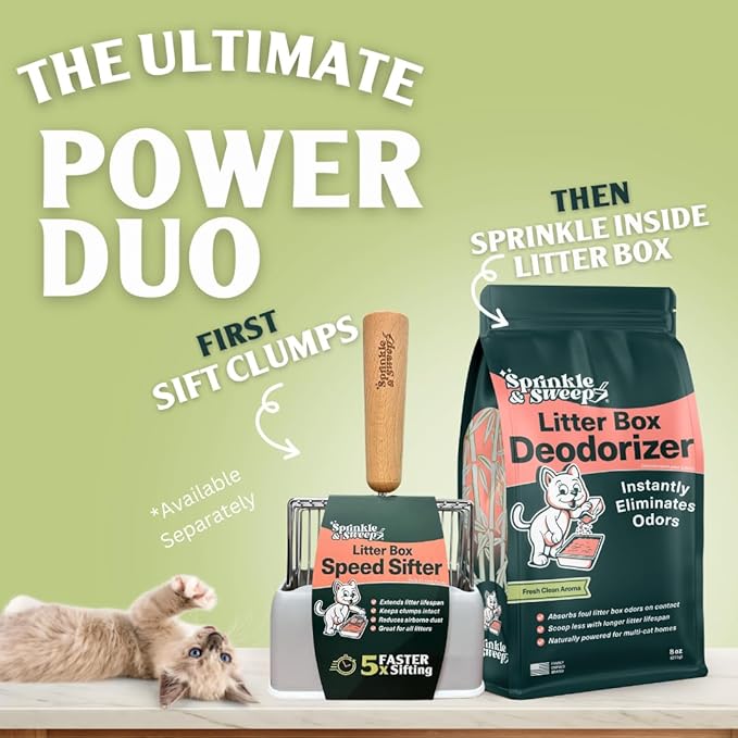 Cat Litter Deodorizer | Odor Eliminator for Litter | Smell Control for Cats | Non-Toxic & Safe for Kittens | Home Odor Neutralizer | Kitty Litter Freshener | Sprinkle & Sweep | One Month Supply 8oz