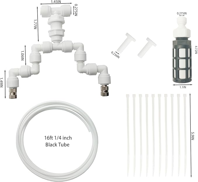 Reptile Terrariums Misting Accessories kit, Adjustable Dual-Head Reptile Mister Nozzles, with 16ft 1/4 inch Tube, White