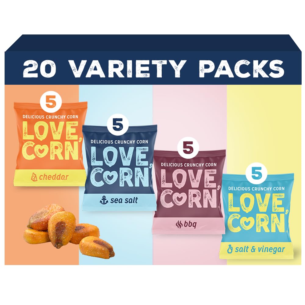 LOVE CORN Fab Four Variety Pack – Hot & Spicy, Sea Salt, BBQ, Salt & Vinegar – Crunchy Roasted Corn Snacks, Vegan, Gluten Free – Lunchbox, Office & On-the-Go, Alternative to Chips – 0.7oz × 20 Bags
