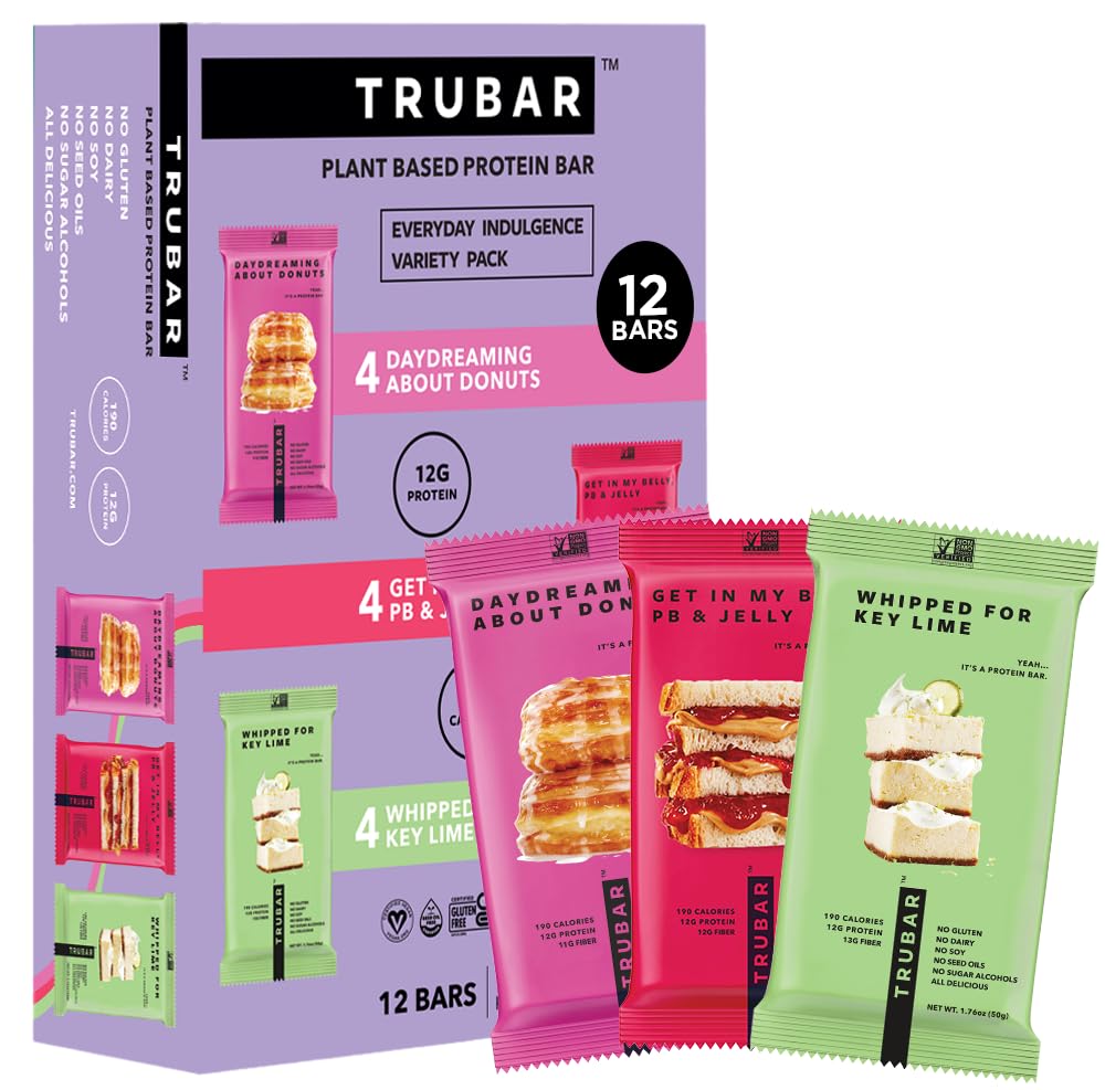 TRUBAR Vegan Protein Bars, Frosted & Fabulous Variety Pack, Donuts, Strawberry Shortcake & Birthday Cake, Gluten Free, Plant Based, High Fiber, Dairy Free, On the Go Healthy Snacks, 12 Count