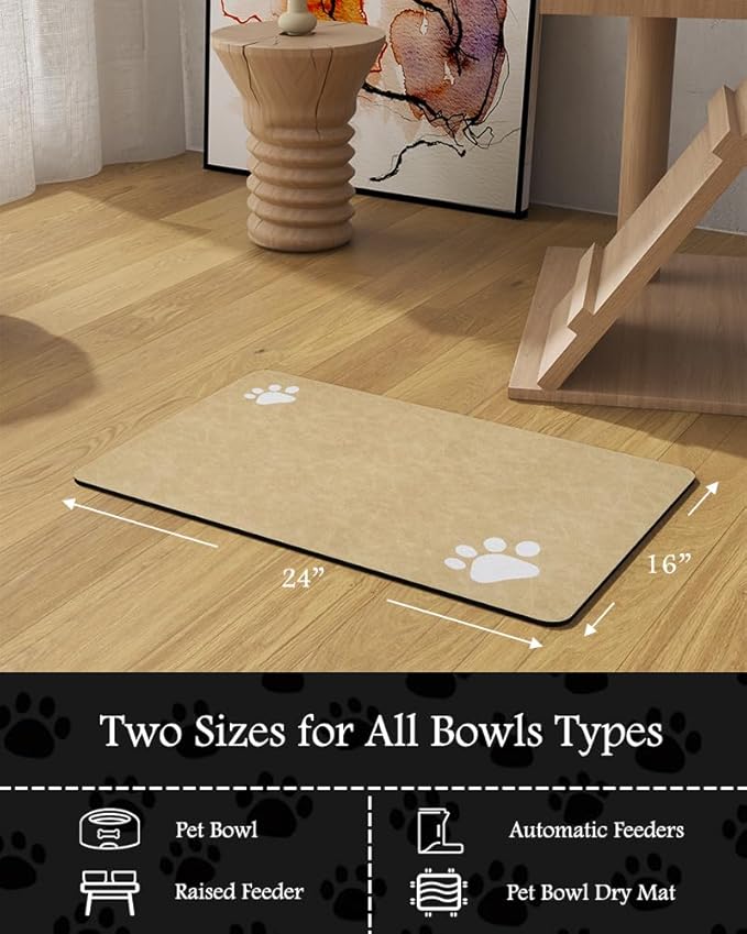 Pet Feeding Mat-Absorbent Dog Mat for Food and Water Bowl-No Stains Quick Dry Water Dispenser Mat-Dog Accessories Pet Supplies-Bowl for Messy Drinkers(Beige,16"x24"