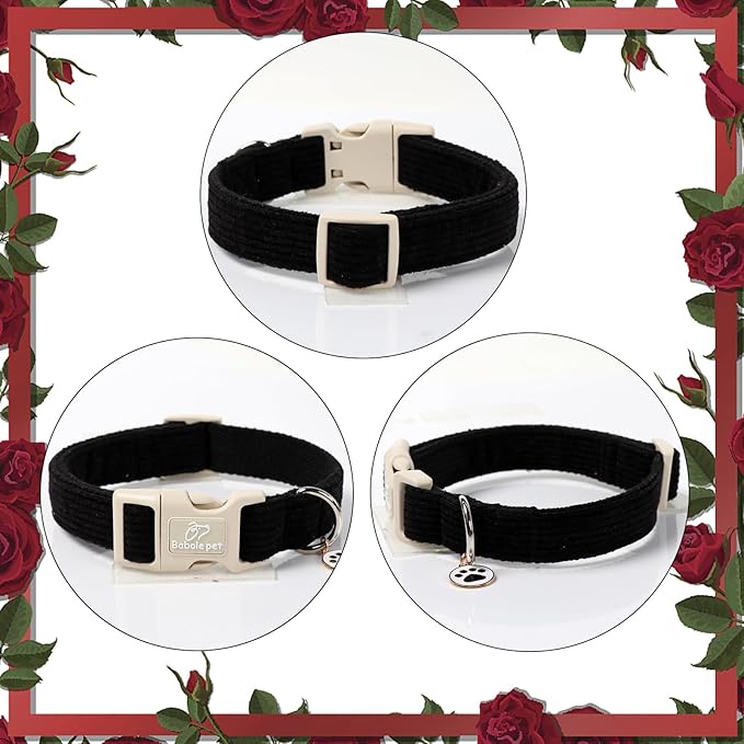 Cute Corduroy Dog Collar - Black Adjustable Dog Collars for Small Dogs 10-25lbs, Fade-Proof with Secure Snap & Little Charm, Christmas Birthday Gift, S