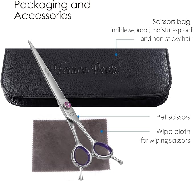 Fenice Peak 7'' Straight Dog Grooming Scissors with Purple Finger Rings and Flashing Screw Professional 440C Stainless Steel Natural Color Pet Trimming Shears with Offset Handle Durable and Sharp