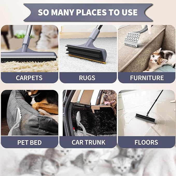 3 in 1 Carpet rake Kit for Pet Hair Removal Tool - Reusable Pet Hair Remover Broom w 58" Adjustable Long Handle, Dog & Cat Carpet Scraper, Pet Hair Remover for Rugs, Mats, Couch, Curtains(Gray)