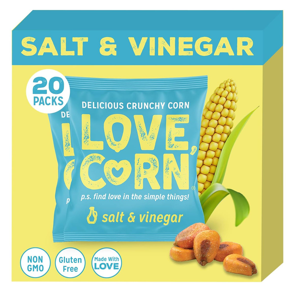 LOVE CORN Sea Salt – Crunchy Roasted Corn Snack, 3 Simple Ingredients, Gluten Free, Non-GMO, Vegan – Alternative to Chips, Nuts & Crackers – Lunchbox, Office & On-the-Go Snacks – 0.7oz × 20 Bags