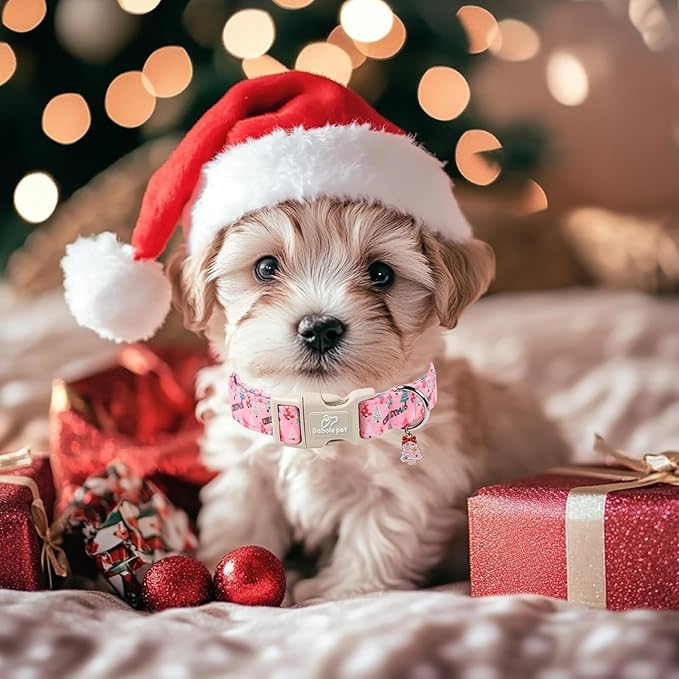Christmas Dog Collar for Giant Large Dogs - Cute Xmas Tree Print Pink Christmas Collars for Dogs, Soft Adjustable Winter Holiday Dog Collars with Quick Release Buckle XL