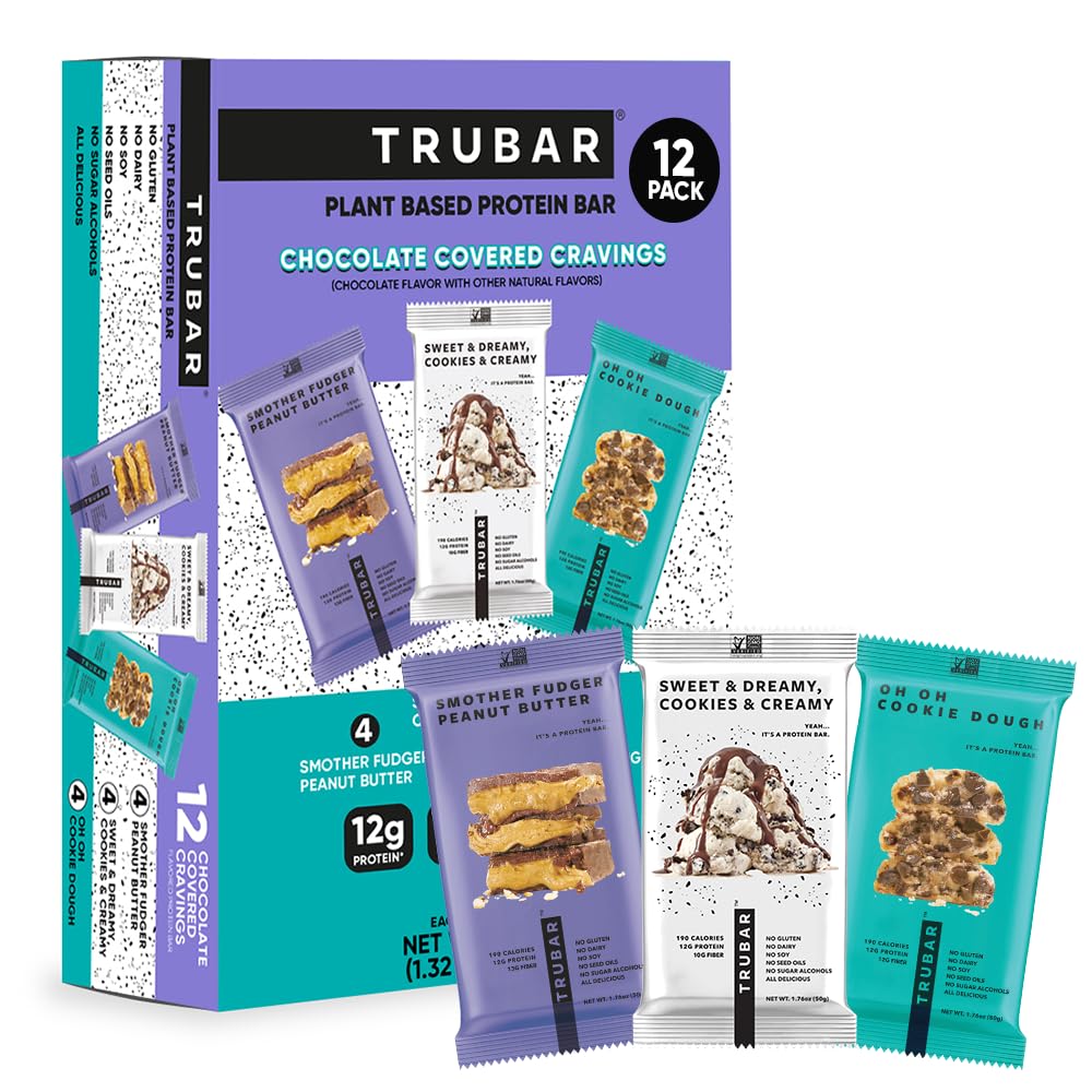 TRUBAR Vegan Protein Bar Variety Pack, Assorted Flavors, Peanut Butter, Macchiato, Cookie Dough, Gluten Free, Vegan Protein Snacks, 12G Plant-Based Protein, High Fiber, Healthy Protein Bars, 12 CT