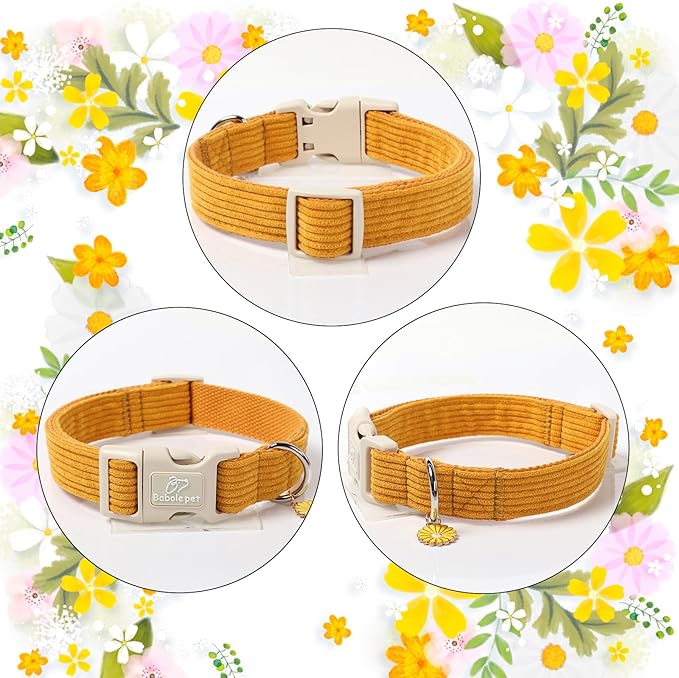 Cute Corduroy Dog Collar - Mustard Yellow Adjustable Dog Collars for X-Large Dogs 80+lbs, Fade-Proof with Secure Snap & Little Charm, Christmas Birthday Gift, XL