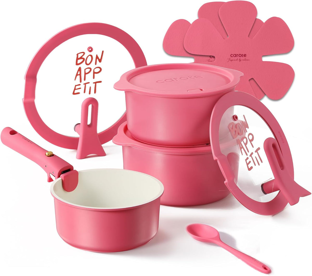 CAROTE Ceramic Pots and Pans Set Non Stick, Nonstick Kitchen Cookware Sets with Lid, Detachable Handle Sauté Pan Set, Non Toxic Frying Pan, Oven Safe, Induction Ready, Pink