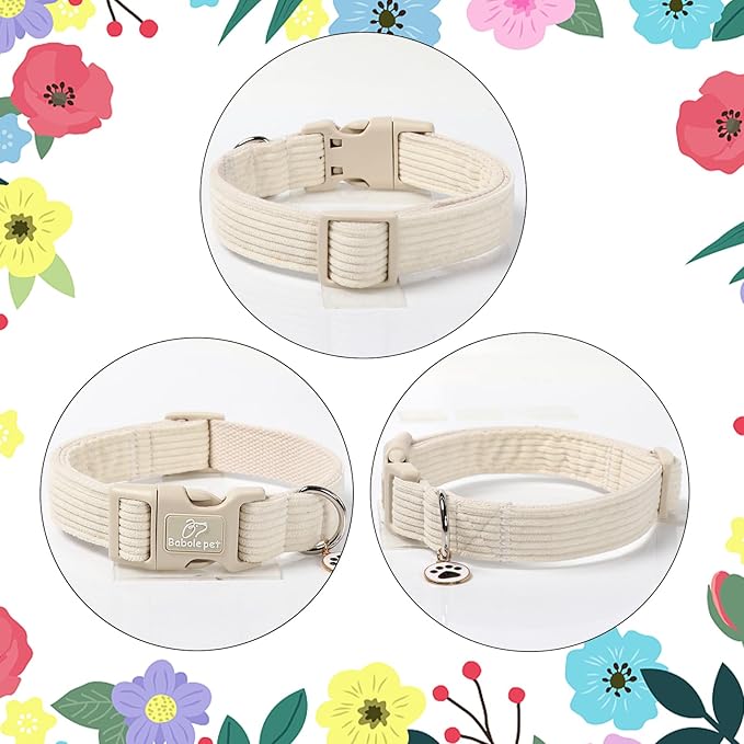 Cute Corduroy Dog Collar - White Adjustable Dog Collars for X-Large Dogs 80+lbs, Fade-Proof with Secure Snap & Little Charm, Christmas Birthday Gift, XL
