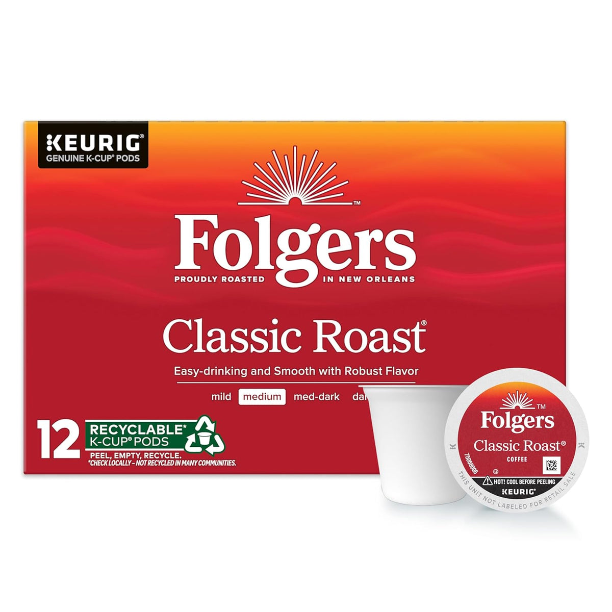Folgers Classic Roast, Medium Roast Coffee, Keurig K-Cup Pods, 12 Count Boxes (Pack of 6)