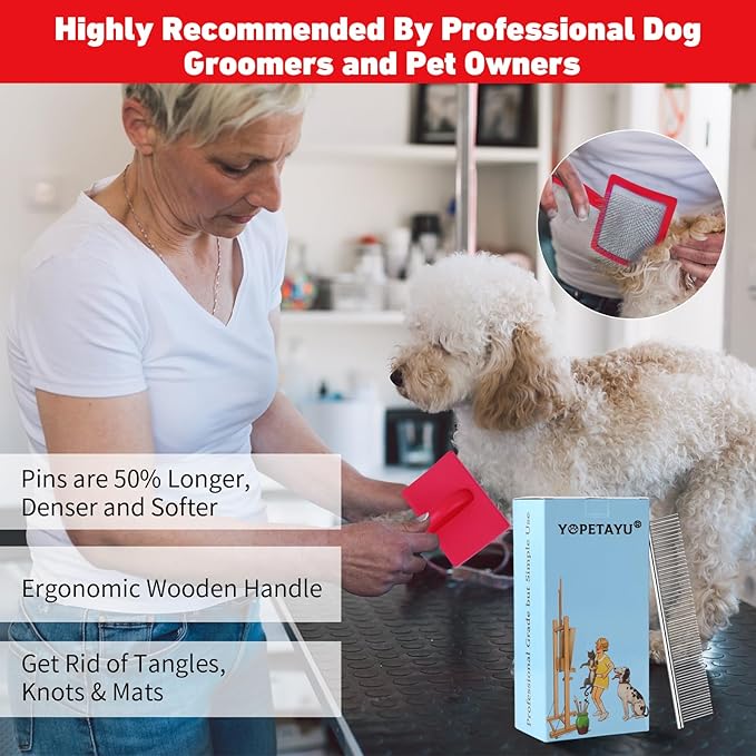 Dog Slicker Brush for Shedding and Grooming Medium or Long Haired Cats, Extra Long & Soft Pin Slicker Brush for Removes Loose Hair, Tangles, Knots, Undercoat, Free Pet Comb, Large Red