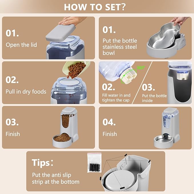 Portable Automatic Cat Feeder and Water Dispenser with Stainless Steel Bowl Dog Gravity Food Feeder and Waterer for Small Medium Pets Puppy Kitten 1 Gallon x 2 (Light Blue(3.8L*2))