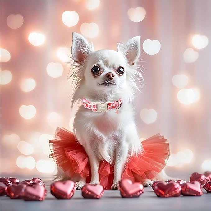 Valentines Dog Collar for Medium Dogs - Pink Valentine Hearts Dog Collars, Girly Love Female Dogs Collars, Lightweight Adjustable Cute Puppy Collar with Quick-Release Buckle M