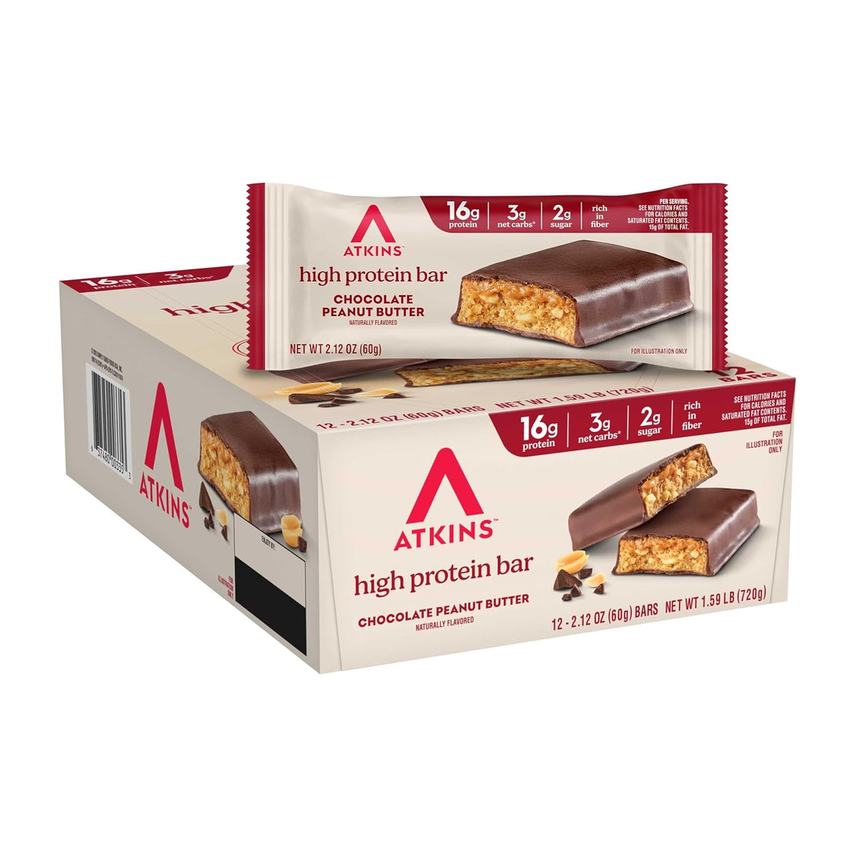 Atkins Chocolate Chip Granola Protein Bar, High Fiber, Low Sugar, 17g Protein, 3g Net Carb, High Protein Bars, Keto Friendly, 12 Count