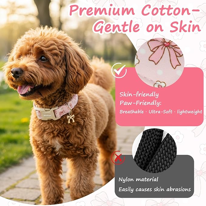 Pink Bow Dog Collar with Flower, Adjustable Cotton Puppy Collar, Cute Girl Boy Dog Collars for Small Medium Large Dogs, Ideal for Gifts,Pet Accessory,L