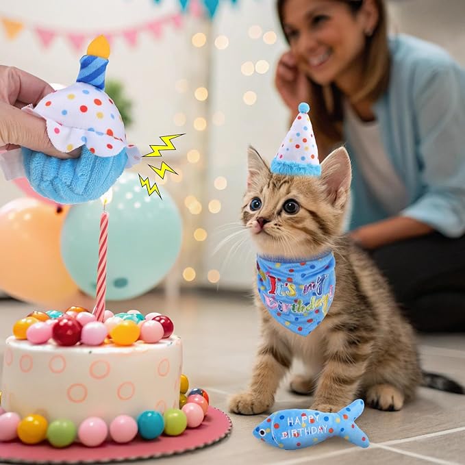 BINGPET Cat Birthday Catnip Toys for Indoor Cats,Cat Birthday Hat,Bandana and Cat Birthday Cake Interactive Plush Kitten Chew Toys,Cute Fish,Balloon Toys with Crinkle Paper and Catnip Inside(Sky Blue)