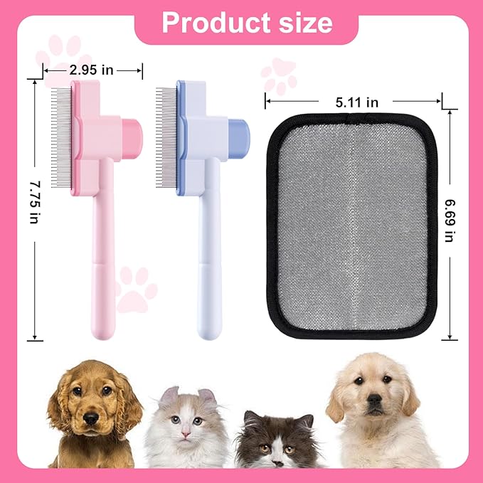 2PCS Flea Comb for Cats and Dogs with Pet Hair Remover Glove, Self Cleaning Pet Flea Cat Grooming Brush with Release Button for Massaging and Cleaning Shedding Pets Hairs