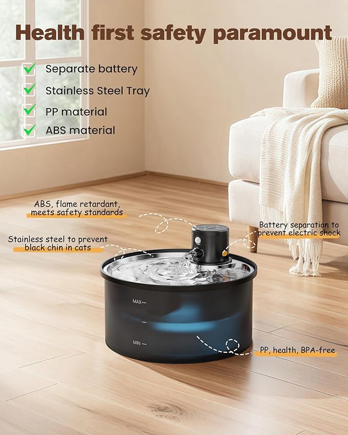 Battery Operated Cat Water Fountain: Wireless Pet Fountain with Filter - 108oz/3.2L Cordless Cat Dispenser with Motion Sensor Rechargeable Automatic Drinking Fountains for Cats Indoor - Plastic Model