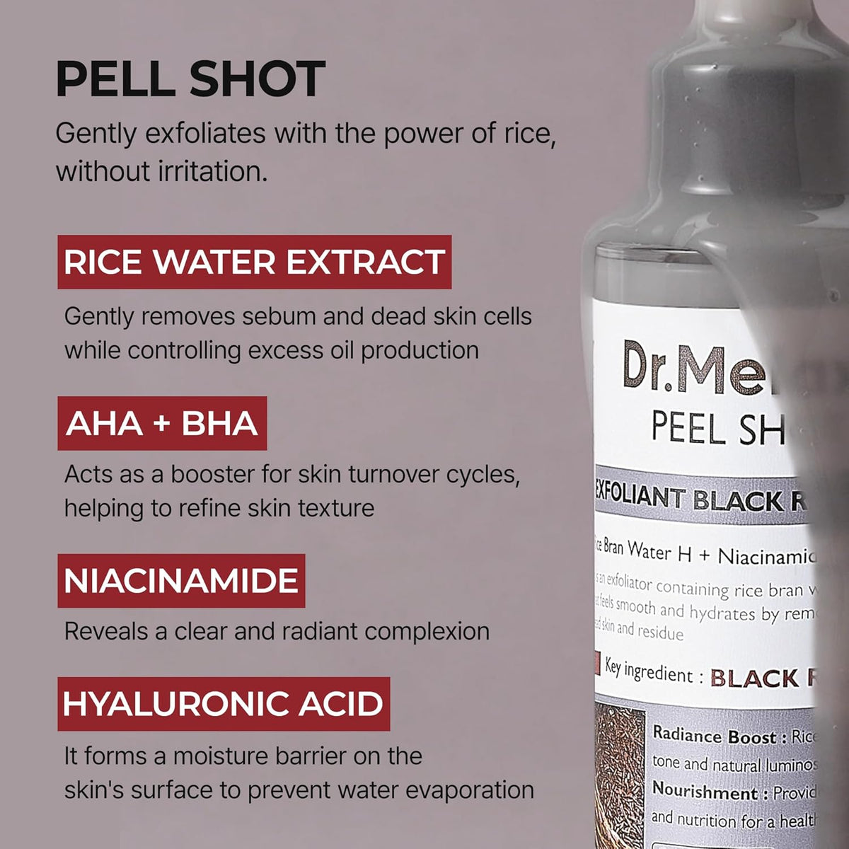 Dr.Melaxin Peel Shot Glow Black Rice Peeling Ampoule 80ml, Dead Skin Remover Gentle Exfoliating with Rice Water Extract, AHA BHA, Niacinamide, Daily Skin Texture, All Skin Types, Korean Skincare