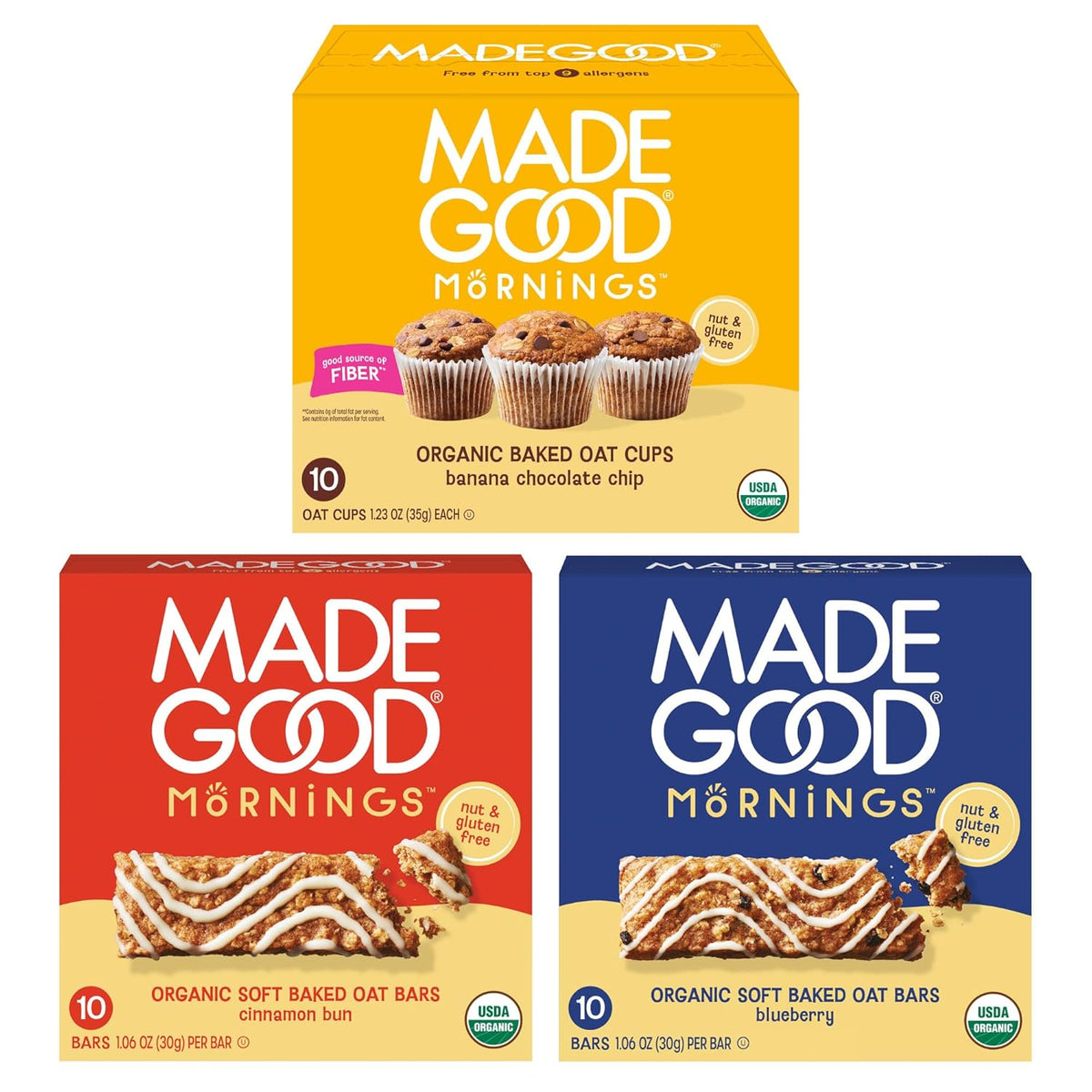 MadeGood Mornings Soft Baked Breakfast Bars, Chocolate Chip, 1.06 Oz (30 Count) Gluten Free Snacks