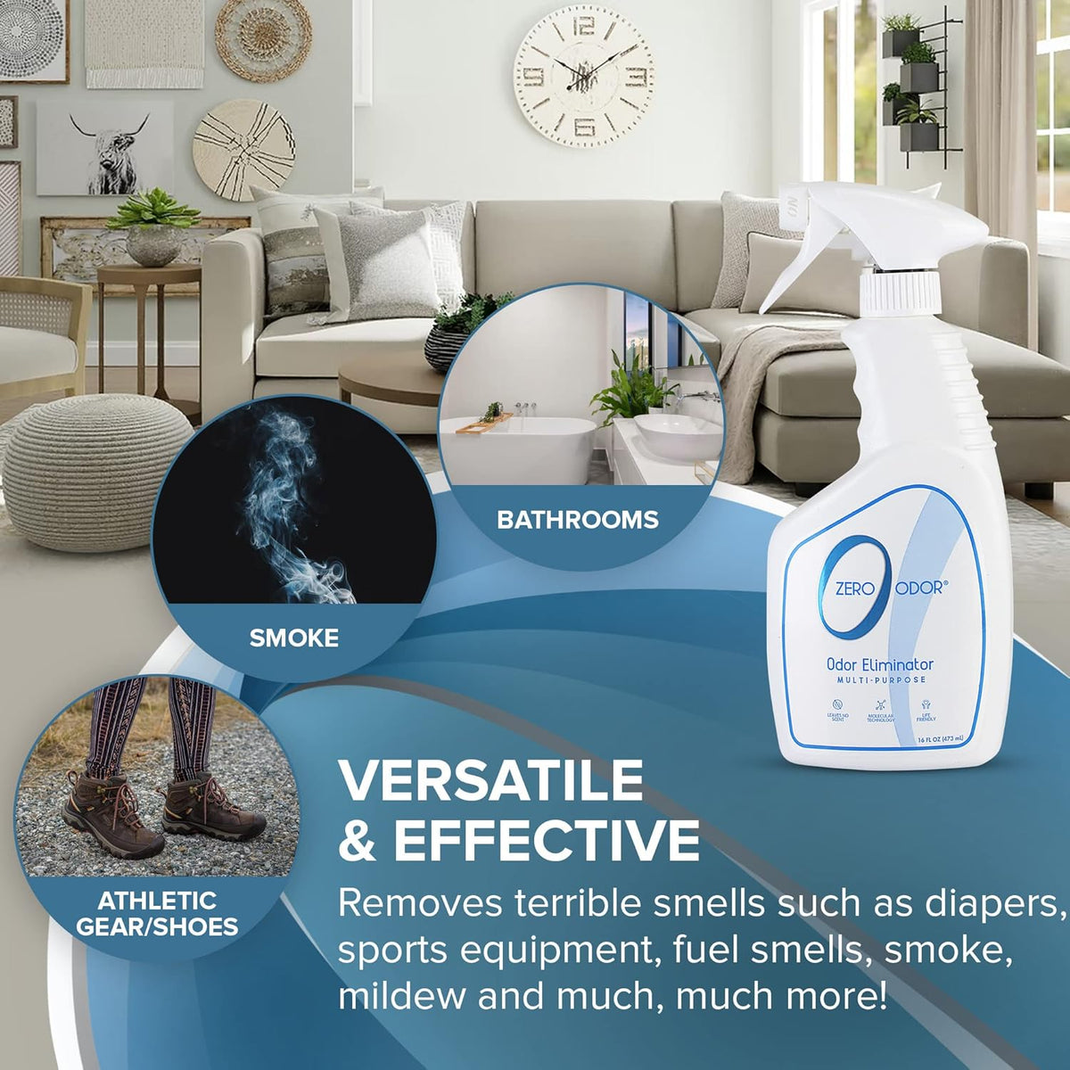 Zero Odor - Multi-Purpose Strong Odor Eliminator for Home, Office, Car, Bathroom, Hotel, Room Deodorizer, and Odor Neutralizer, 16oz