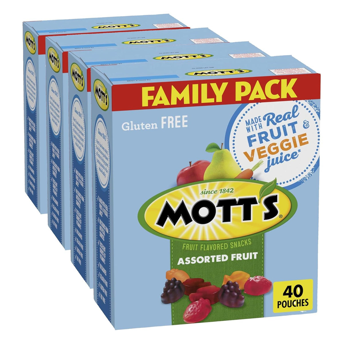 Mott's Assorted Fruit Snacks Family Pack, Gluten Free Gummies, Made with Fruit & Veggie Juice, Good Source of Vitamin C, Gelatin Free, 40 Count Individual Pouches, 32 oz