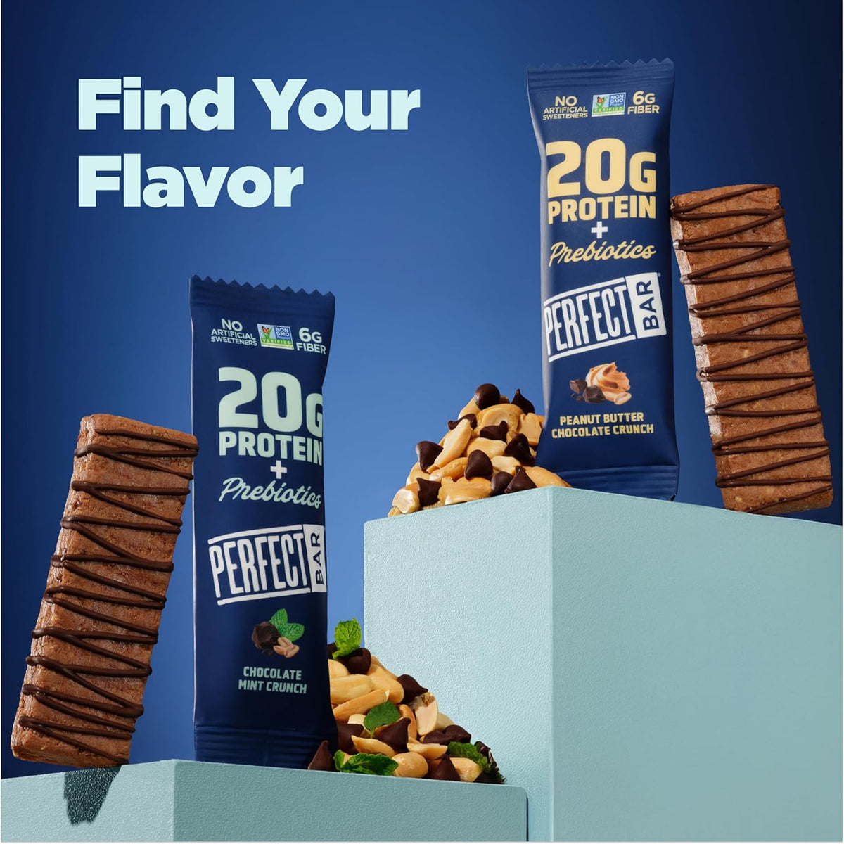 Perfect Bar Protein + Prebiotics Chocolate Peanut Butter Protein Bar, 20g Protein, Grass-Fed Whey, 6g Fiber With 3g Prebiotics, Gluten-Free, Non-GMO, 2.4 Ounce Bar, 7 Count