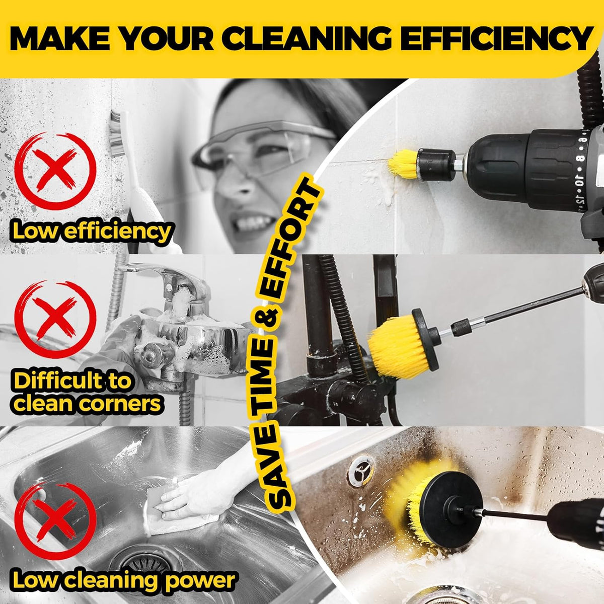 Holikme 6Pack Drill Brush Power Scrubber Cleaning Brush Extended Long Attachment Set All Purpose Drill Scrub Brushes Kit for Grout, Floor, Tub, Bathroom and Kitchen Surface,Scratch Brushes(Yellow)