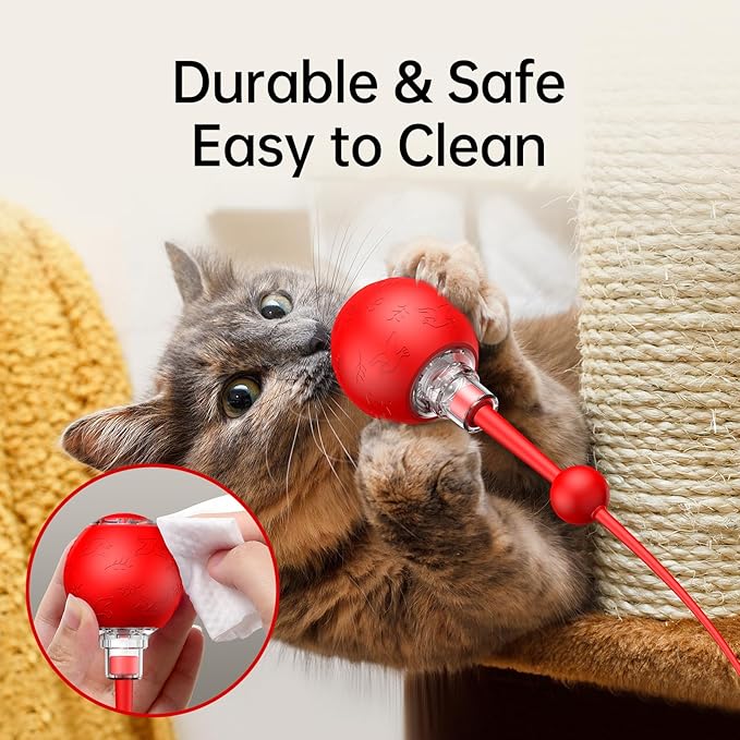 Interactive Cat Toy for Indoor Cats,Automatic Electric Self Rotating Ball with Chirping, Led Light and Long Tail for Motion Activated, Smart Spinning Ball for Fun Exercise, Red