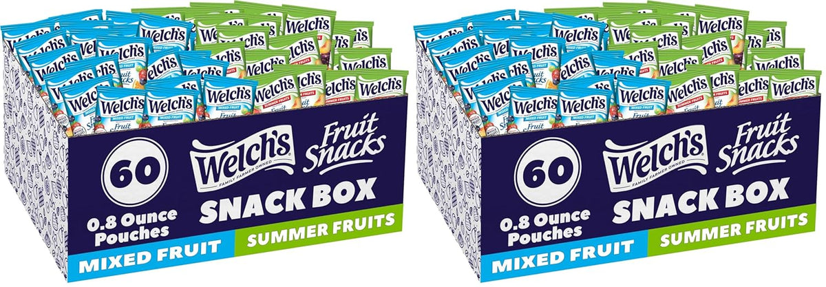 Welch's Fruit Snacks, Mixed Fruit & Summer Fruits Snack Box, Gluten Free, 0.8oz Snack Packs (Pack of 60)