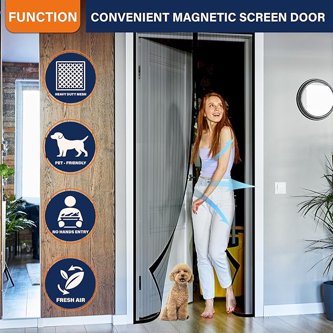 Magnetic Screen Door,Screen Door Mesh,Keep Bugs Out, Heavy-Duty Mesh Curtain,Pet and Kid Friendly, Works with Front Doors, Sliding Doors(34 x 82 Inch Black