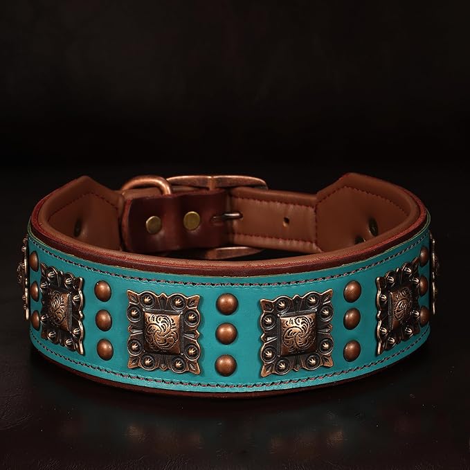 PET ARTIST Upgrade Padded Leather Dog Collar, 2 inch Wide Genuine Leather Dog Collars with Strong Studded Rivet & Metal Buckle, Adjustable Large Dog Collar for Pit Bull Doberman,Green,Neck 19-22"
