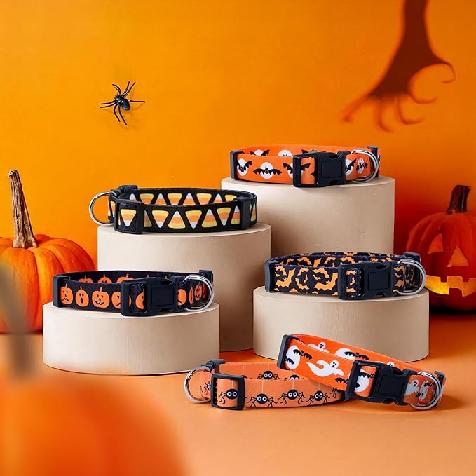 Native Pup Halloween Dog Collar- Spooky Fall Themed Horror Costume Collars- Skull, Pumpkin, Ghost, Bat, Witch, Candy Corn, Spider- Adjustable for Small, Medium, Large Breeds (Large, Big Pumpkins)