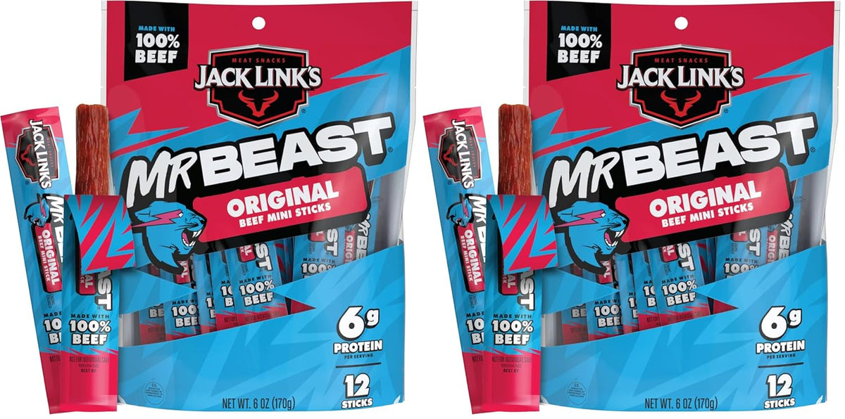 Jack Link's x MrBeast Original Mini Beef Jerky Sticks - Individually Wrapped Protein Snacks - 6g Protein per Serving - Made with 100% Real Beef - (12 Pack) 0.5 oz Meat Sticks