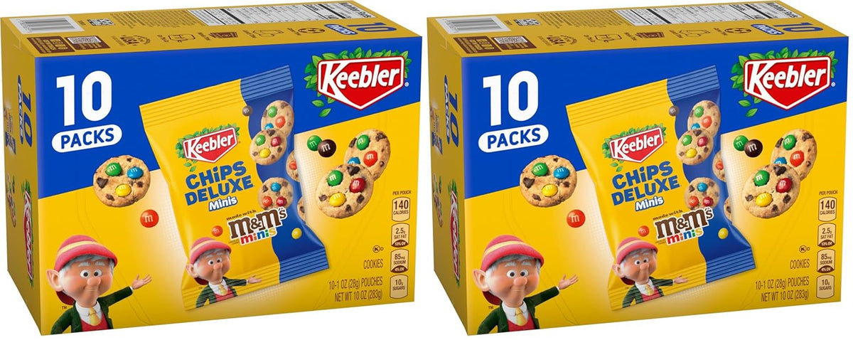 Keebler Chips Deluxe Minis Made with M&M’s, Chocolate Chip Cookies, 1 oz Pouches, 10 Count