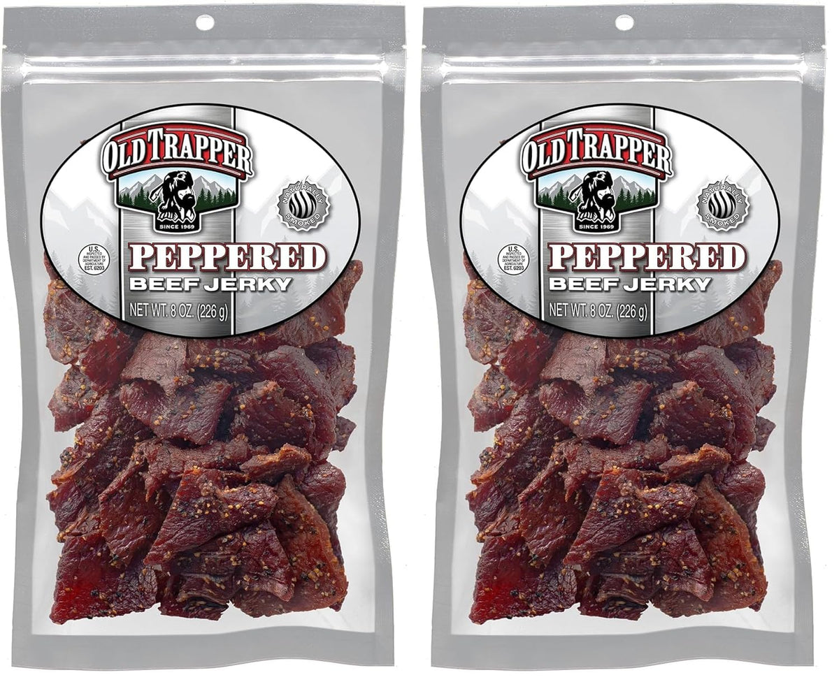 Old Trapper Beef Jerky, Old-Fashioned 8 Ounce Bag, Tender Meat Snacks for Lunches or Between Meals, 11 Grams of Protein, Zero Grams of Fat, and 70 Calories per Serving (Pack of One)