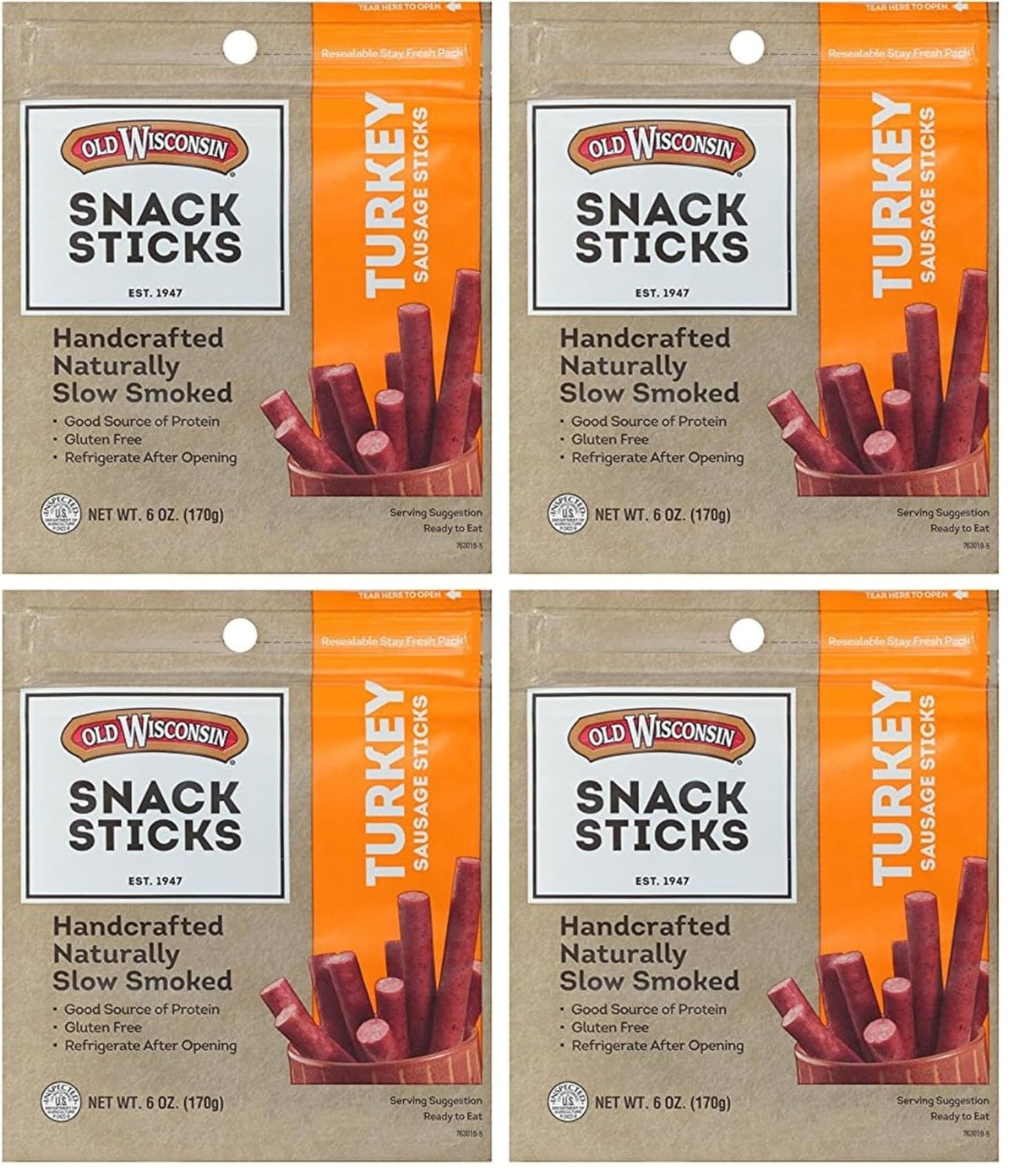 Old Wisconsin Turkey Sausage Snack Sticks, Naturally Smoked, Ready to Eat, High Protein, Low Carb, Keto, Gluten Free, 6 Ounce Resealable Package