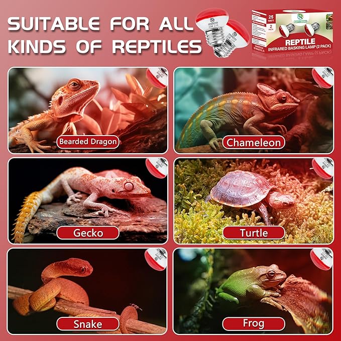 Infrared Reptile Heat Lamp, UVA Red Heat Light Bulb 25W, 2 Pack Reptile Heat Bulb, Infrared Basking Spot Light for Snake, Leopard Gecko, Turtle, Lizard