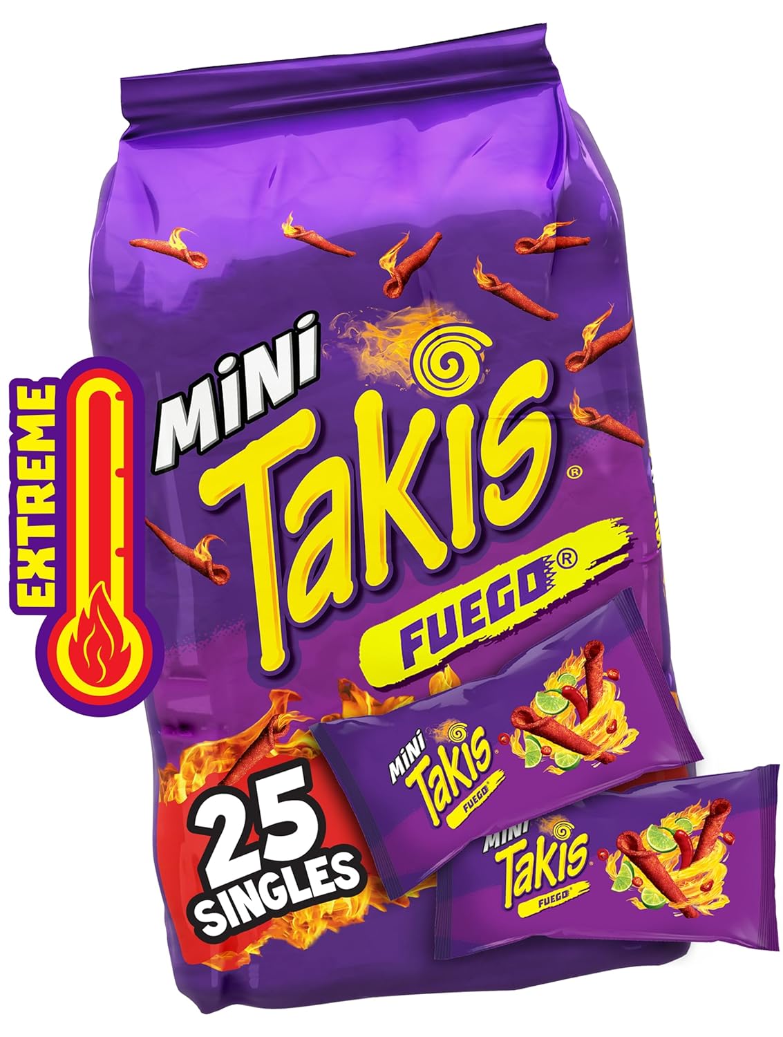 Takis Mini 25 pc / 1.23 oz Bite Size Variety Pack, Assorted Flavored Mixed Rolled Tortilla Chips – (15) Fuego, (10) Blue Heat