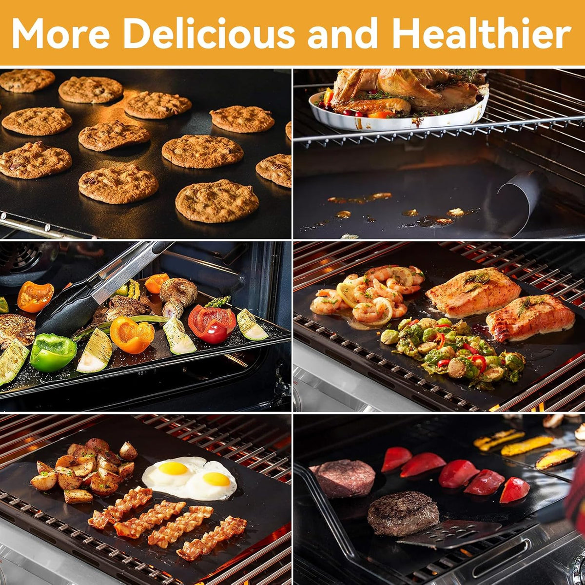 Grill Mats for Outdoor Grill, Dailyart Grill Mats Non Stick Set of 5 BBQ Grill Mat Baking Mats Teflon BBQ Grilling Accessories Reusable,Works on Gas, Charcoal, Electric Grill 15.75 x 13-Inch, Black