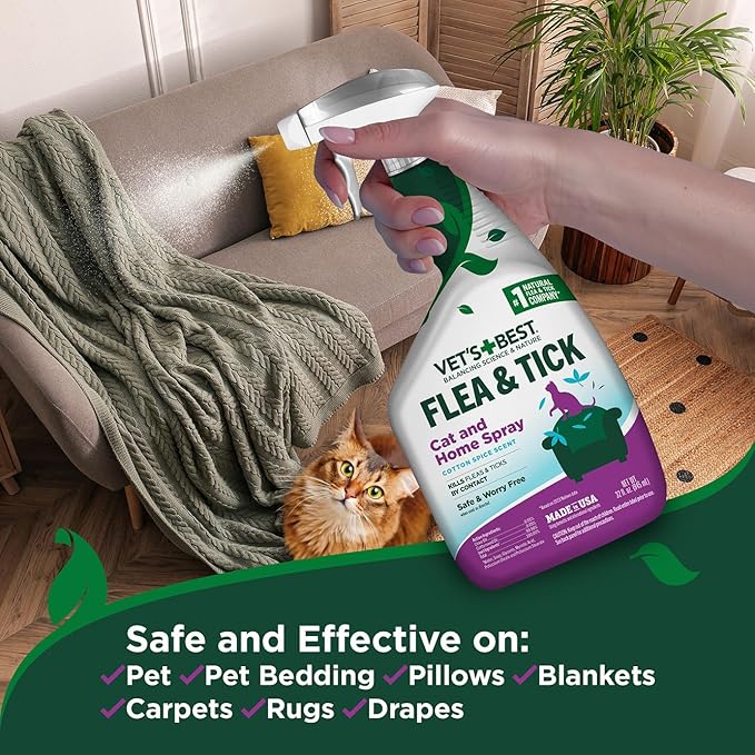 Vet's Best Natural Cat Flea & Tick Home Spray – Plant-Based Cotton Spice Mist for Cats – Indoor Flea Control with Natural Oils – Gentle Scented Spray for Home Use – Made in USA, 32 oz, 2-Pack