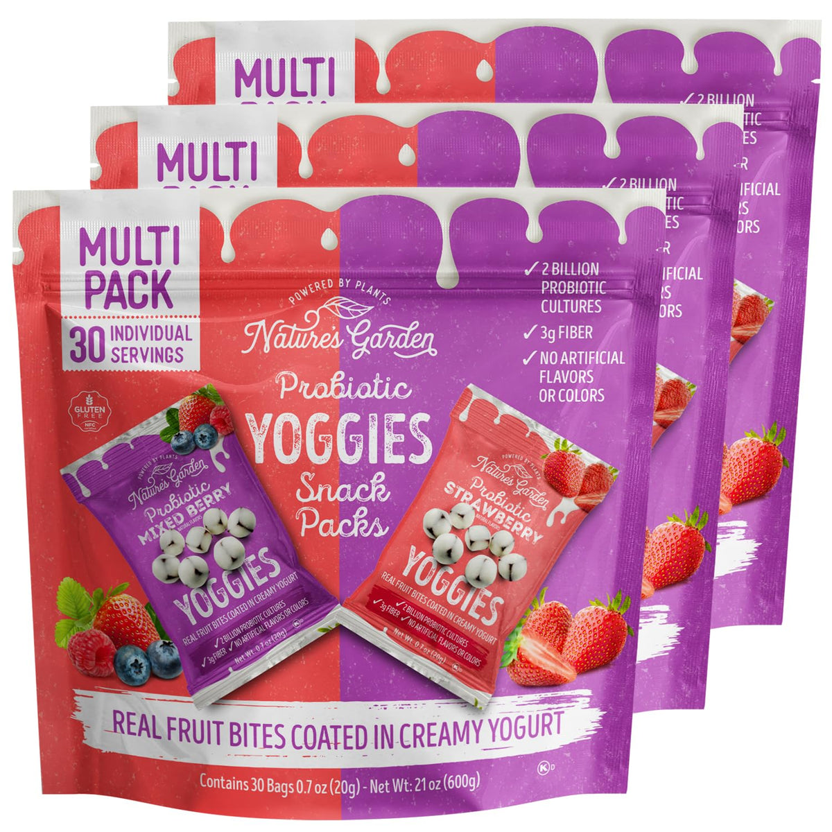 Nature's Garden Probiotic Variety Pack Yoggies 21oz (30 x 0.7oz) Pack of 2 (Strawberry Yoggies 15x0.7 oz +Mixed Berry Yoggies 15x0.7 oz) Yogurt Covered Fruit Snacks, High Fiber, Real Fruit Pieces, Office Snack Variety Packs For Adults, Gluten Free