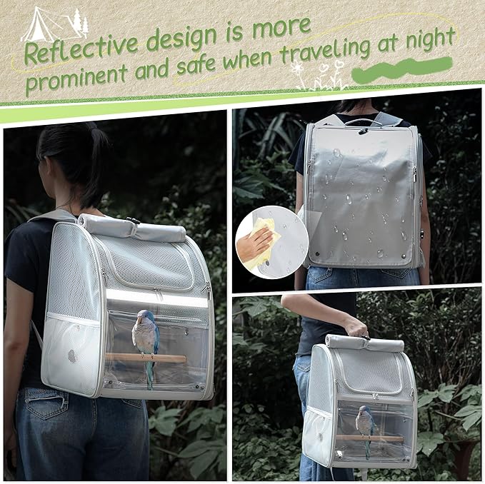 Sanmoncare Bird Carrier Backpack with 2 Adjustable Perches, Water-Repellent Parrot Travel Cage with Stainless Steel Tray, Breathable Pet Carrier for Cockatiels, Conures and Vet Visits