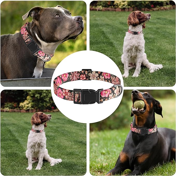 Dog Collar for Boys & Girls, Puppy Collar for Small to Large Dogs, Adjustable Soft Floral Pattern Pet Collar with Safety Buckle for Male & Females (Red, L)