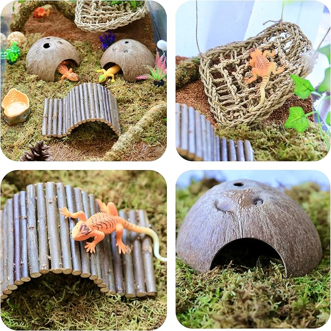 Hermit Crab Accessories, Natural Hermit Crab Toys Reptile Hammock,Coconut Shell Hideout Decor for Hermit Crabs Leopard Geckos, Crested, Tortoise, Snake (B-Group -6Pcs Hammock)