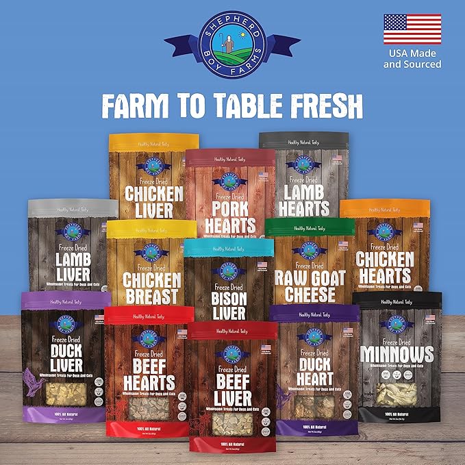 Shepherd Boy Farms Freeze Dried Dog and Cat Treats, Duck Liver, All Natural Single Ingredient Freeze-Dried Dog Treat & Snacks, Made in USA, High Protein, Essential Nutrition of Raw Food, 3oz