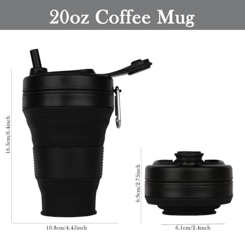 Silicone Coffee Cup with Straw lid Collapsible Cups for Traveling 20oz Lightweight Folding Water Mug for Picnic Hicking Camping Climbing (Black)